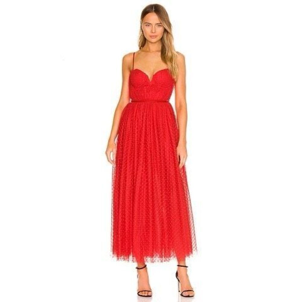 SAU LEE REVOLVE New Selena Tulle Dress in Red Swiss Dot Fit & Flare 0
